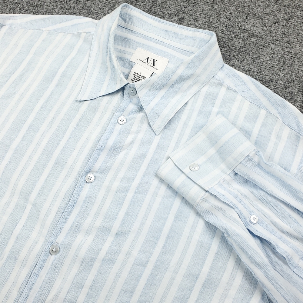 Armani Exchange AX Shirt Mens Large Button Up Light Blue Striped Cotton